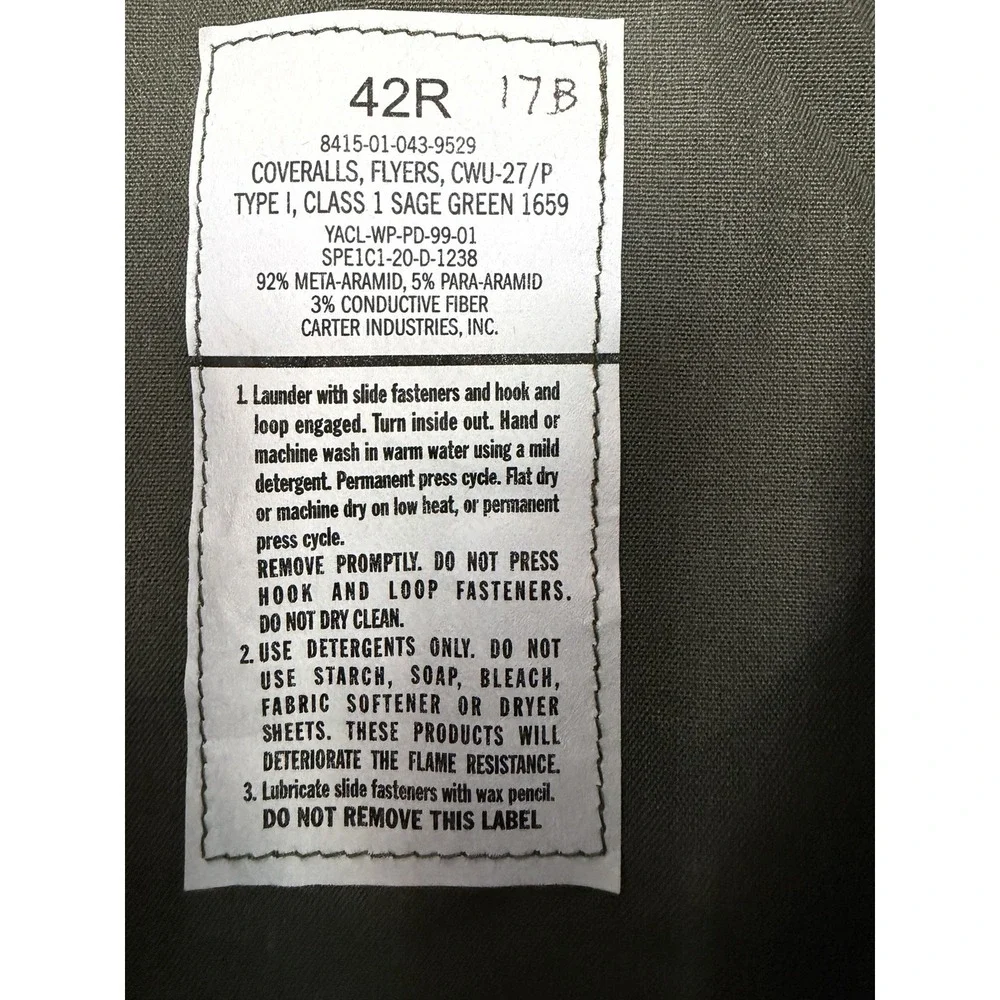 Military USGI Nomex CWU-27/P Flight Suit Flame Resistant Utility Coveralls 42R - Picture 4 of 5